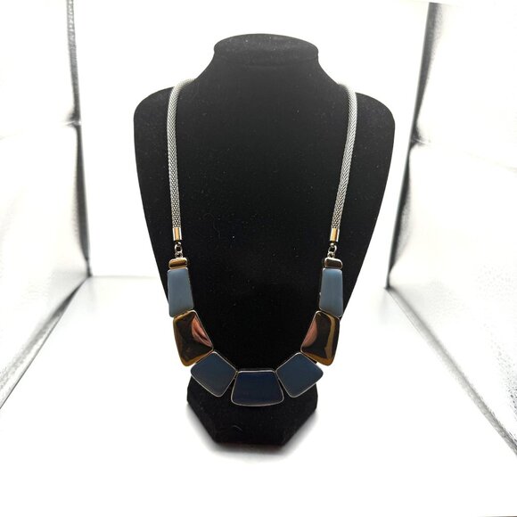Blue & Silver Geometric Statement Necklace Chunky Modern Panels - Picture 5 of 9